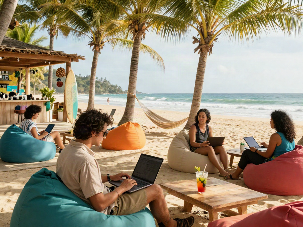 A digital nomad using a laptop at beachside coworking, highlighting the slot qris lifestyle.