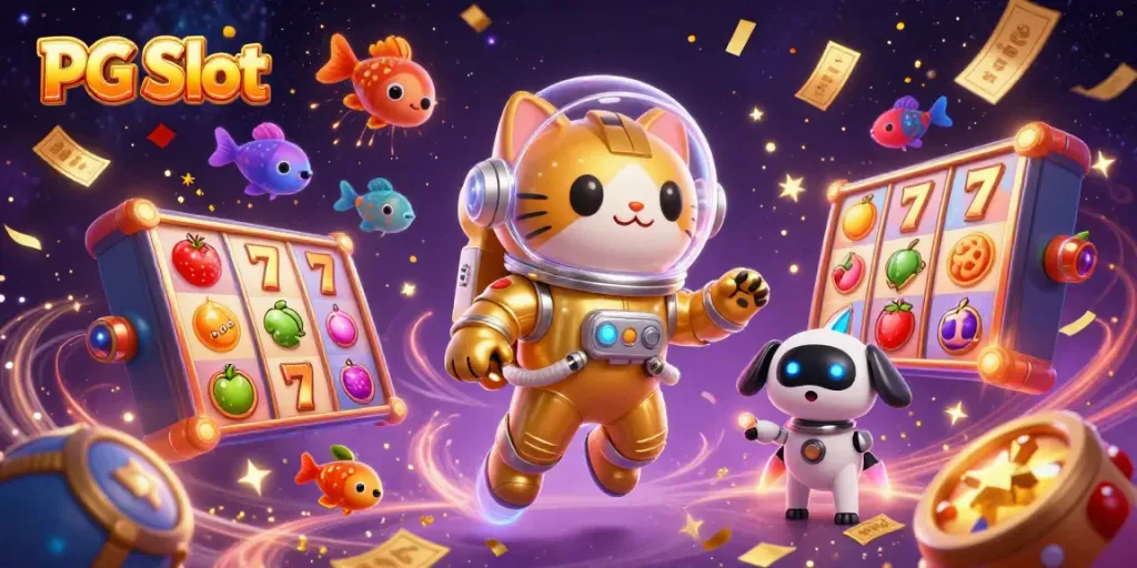 Menggali keseruan permainan PG Slot dengan kucing astronot dan anjing robot dalam suasana kasino yang meriah.