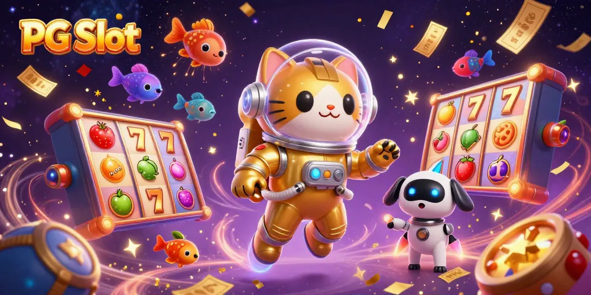 Menggali keseruan permainan PG Slot dengan kucing astronot dan anjing robot dalam suasana kasino yang meriah.