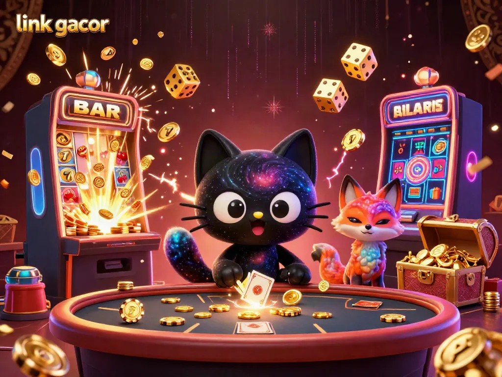 Engage with link gacor at a cosmic casino table, featuring vibrant characters and dynamic gaming elements.