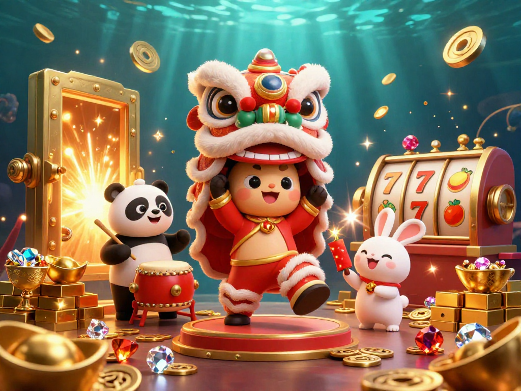 Kapitein Casino menampilkan kostum tarian singa Tahun Baru China dengan karakter lucu, dikelilingi harta karun emas.