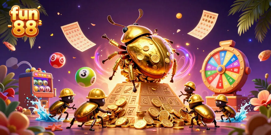 Experience the excitement of fun 88 with vibrant lottery balls, treasures, and a golden beetle team in action.
