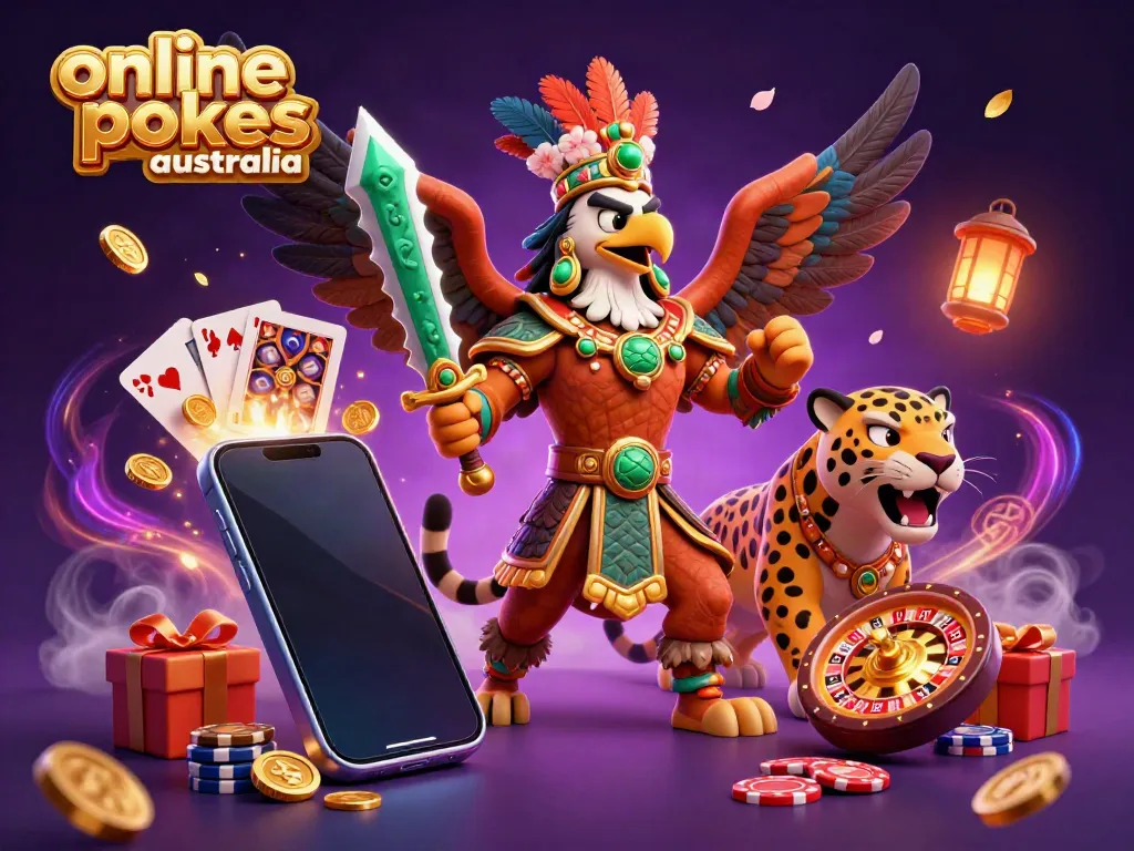 Engage in online pokies australia with dynamic characters and vibrant gaming elements in a vibrant 3D illustration.
