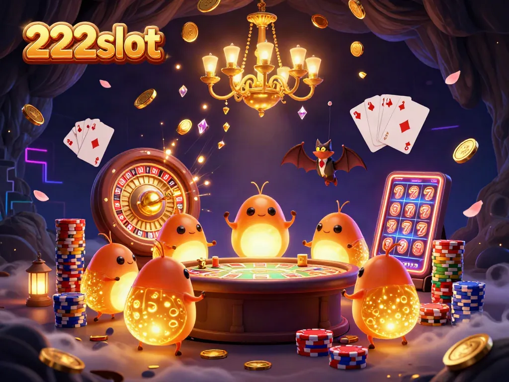 Mainkan slot di 222slot dengan dealer kelelawar dan karakter ceria di kasino gua.