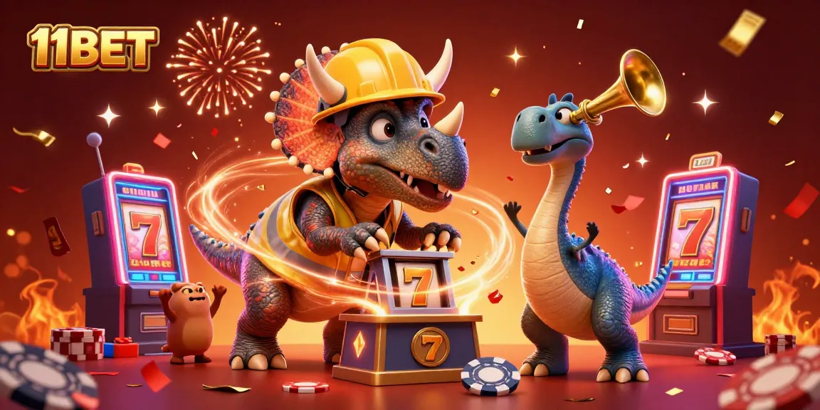 Join the celebration with 11BET as a triceratops builds a slot machine tower in a vibrant casino scene.