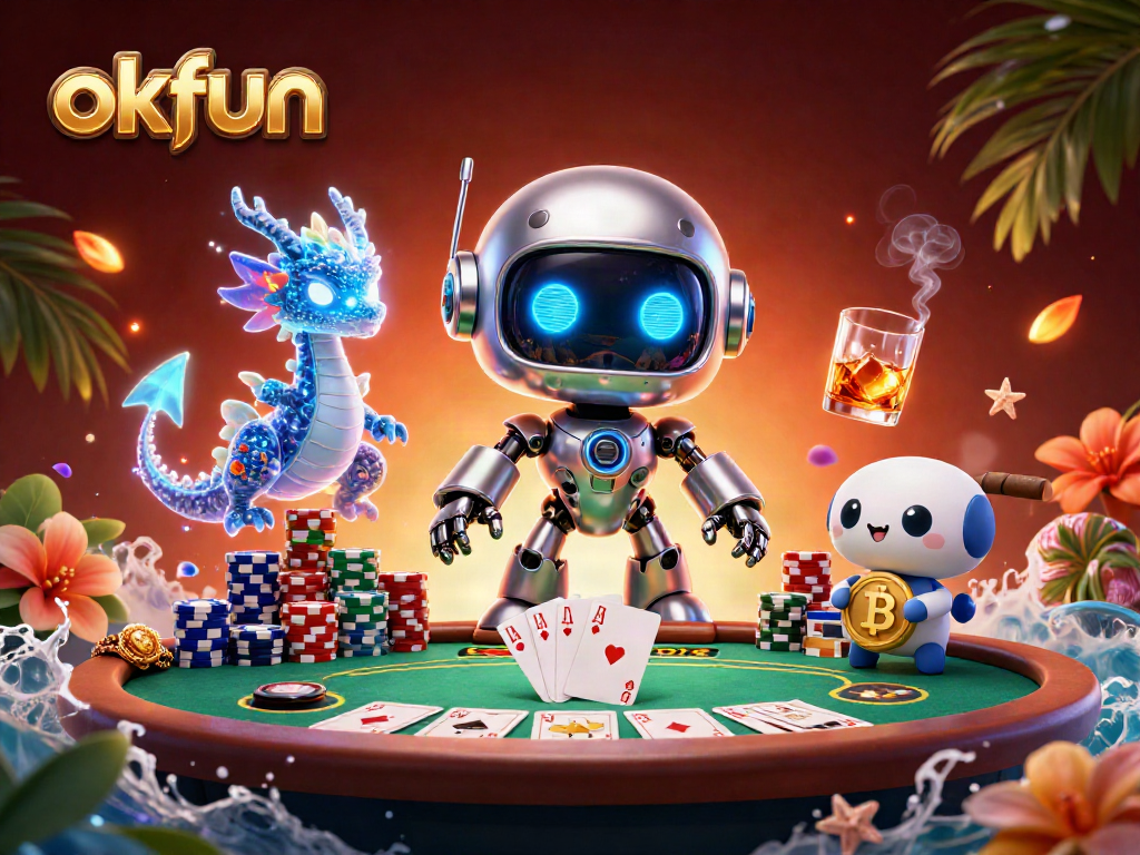 Exciting scene with okfun showcasing a high-stakes poker game featuring vibrant characters and casino elements.
