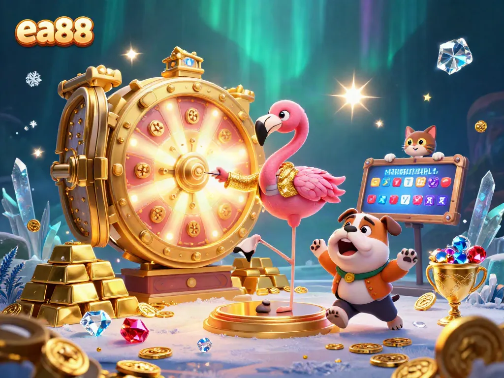 Experience the excitement of ea88 with a game show host, bulldog contestant, and treasure vault in a dazzling casino scene.
