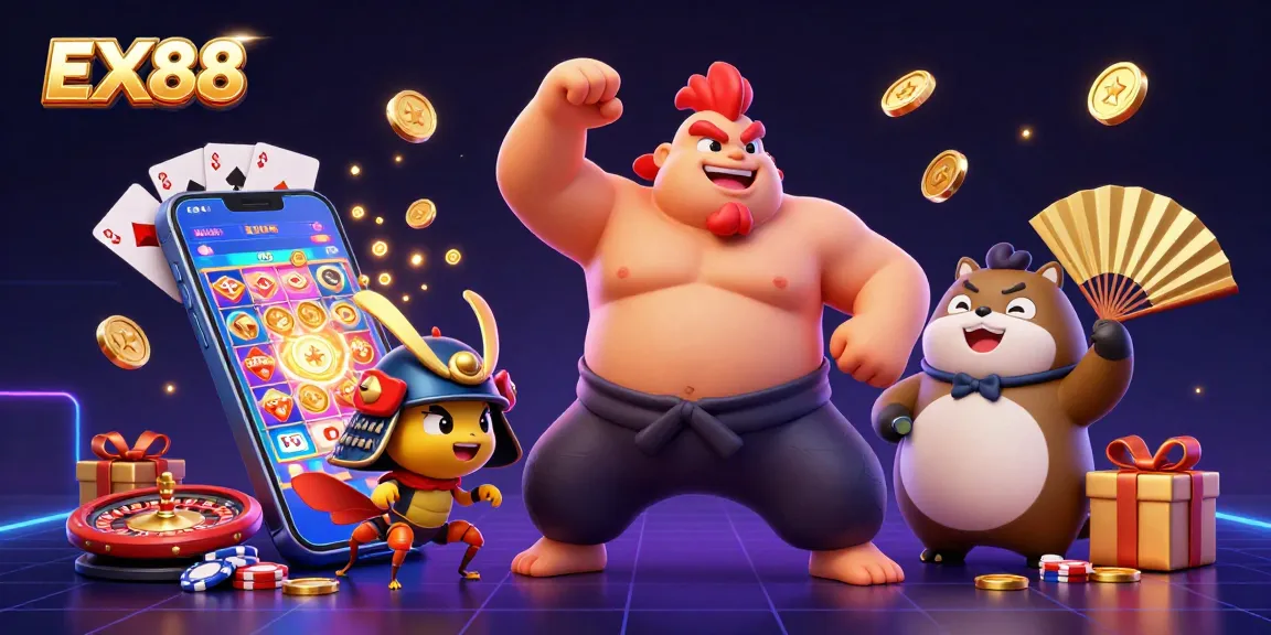 Engage with the exciting gambling world of EX88 featuring a dynamic sumo wrestler and samurai cricket.