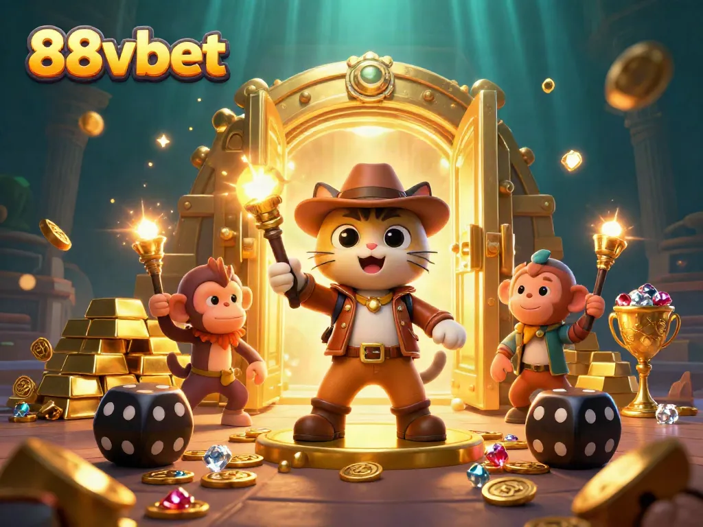 Engage in thrilling adventures with 88vbet's vibrant casino exploration illustration featuring treasure and artifacts.