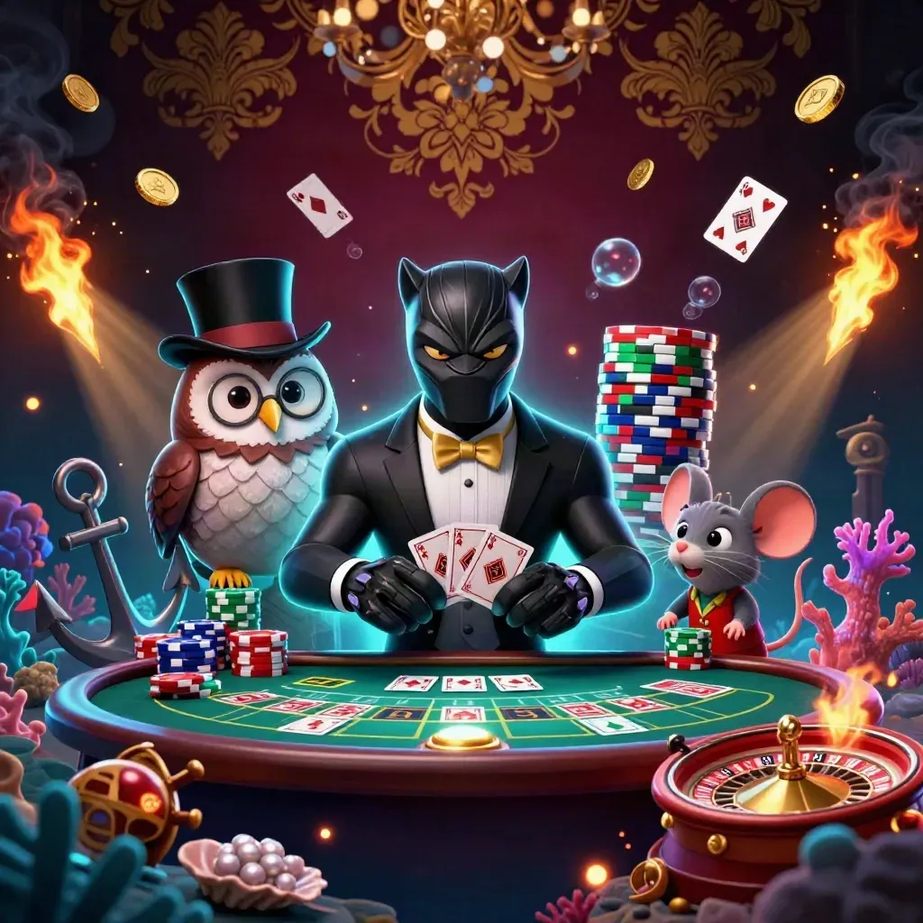 Panther, owl, and mouse in a neon treasure-cove casino explosion with cards, gold, and teal light.