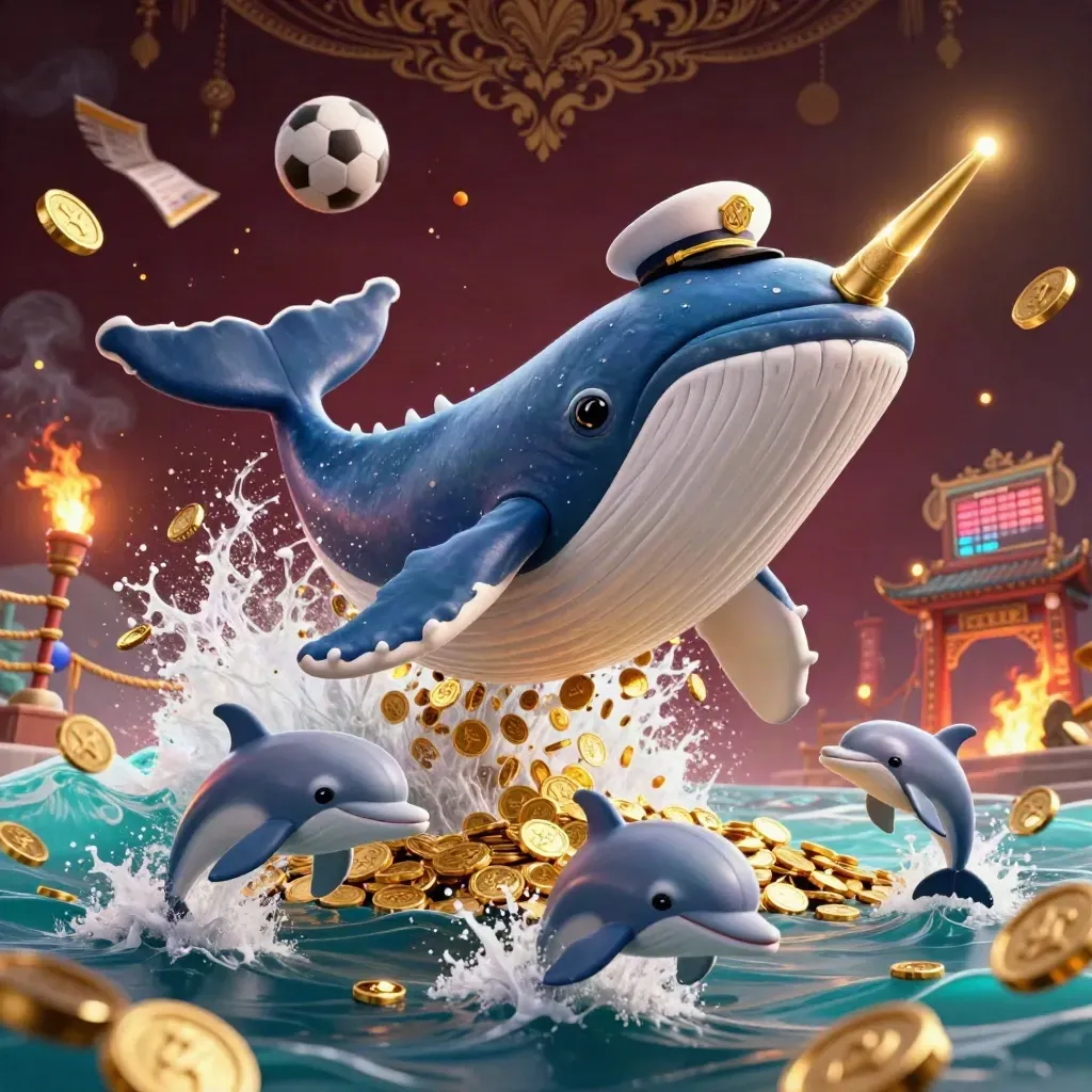 Whale, narwhal and dolphins burst through coins with glowing sports props and casino glam.