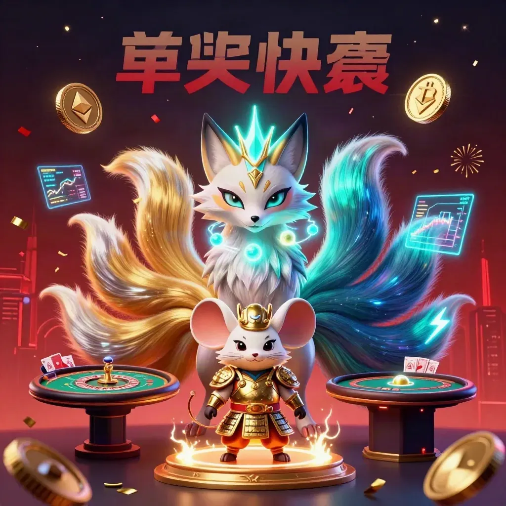 Fox spirit and samurai mouse amid neon coins, roulette spin, and casino lightning in a dark teal-gold glow