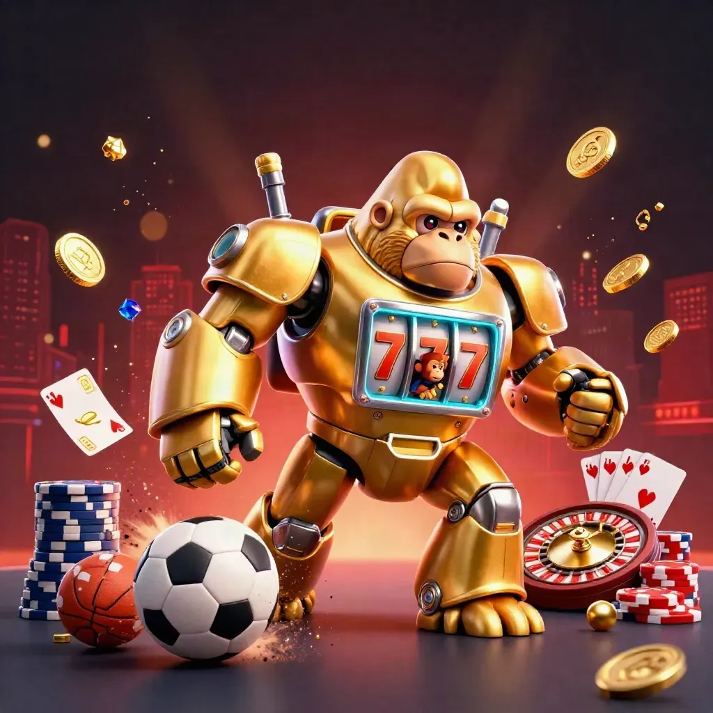 Golden gorilla mech with monkey pilot, flying sports balls, coins, roulette wheel, and casino glow.