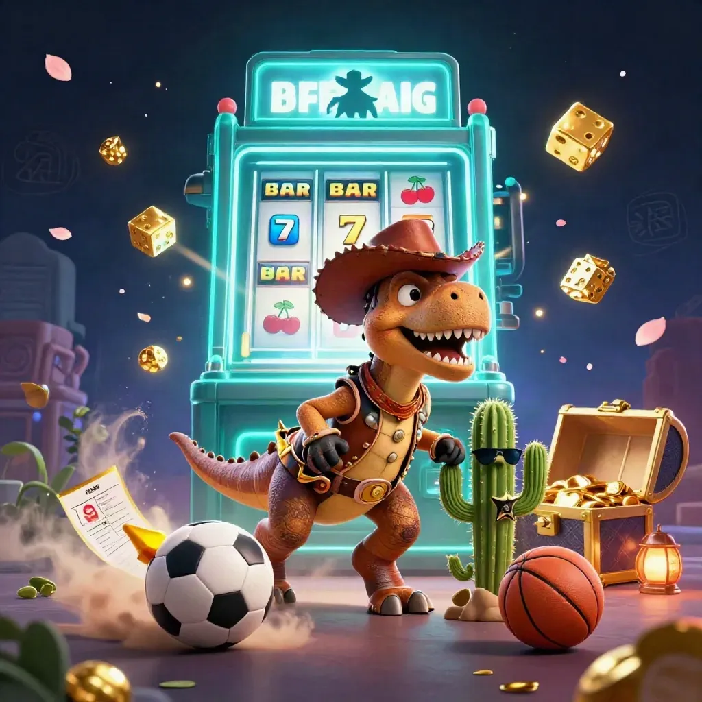 Cowboy T-Rex, cactus sidekick, and roadrunner amid exploding casino symbols and sports balls.