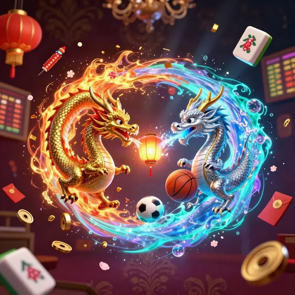 Gold and silver dragons spiral around casino symbols in neon luxury light.