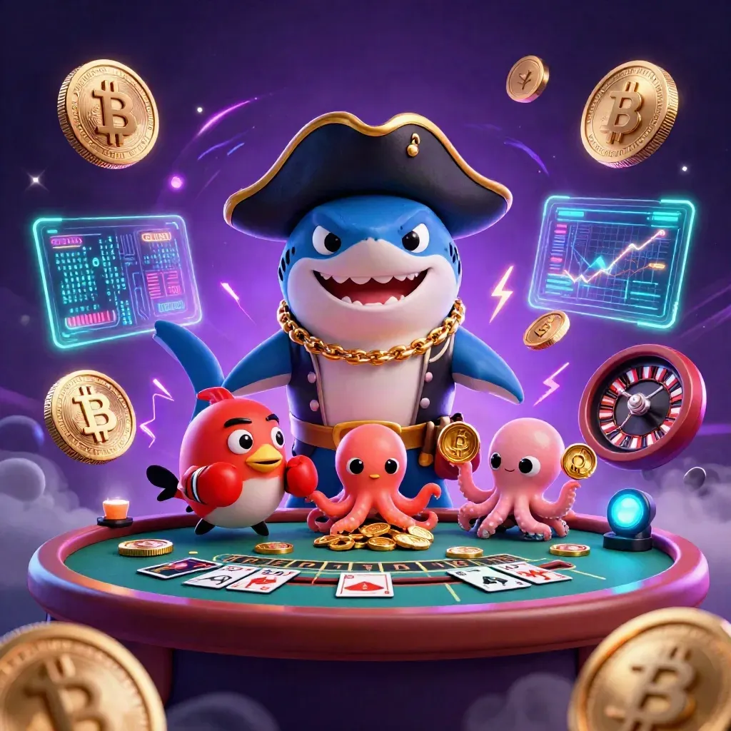 Pirate shark, boxing pufferfish and octopus amid neon casino coins and holograms.