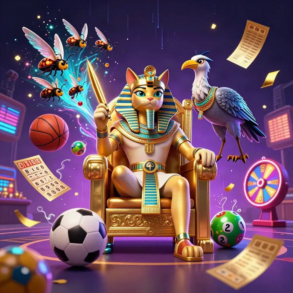 Pharaoh cat on a golden throne amid lottery balls, bingo card, wheel, scarabs and sports gear.