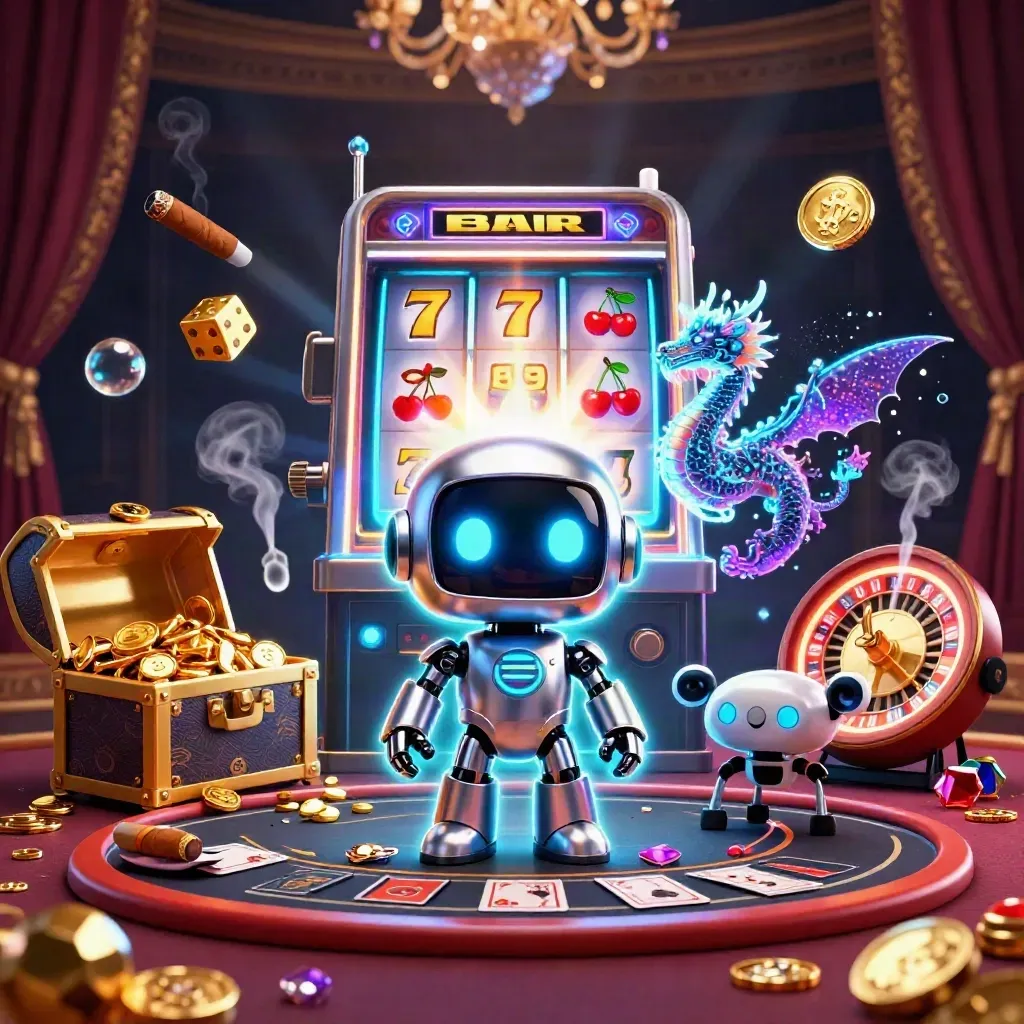 Cyberpunk robot, holographic dragon, and drone amid glowing casino loot and luxury.