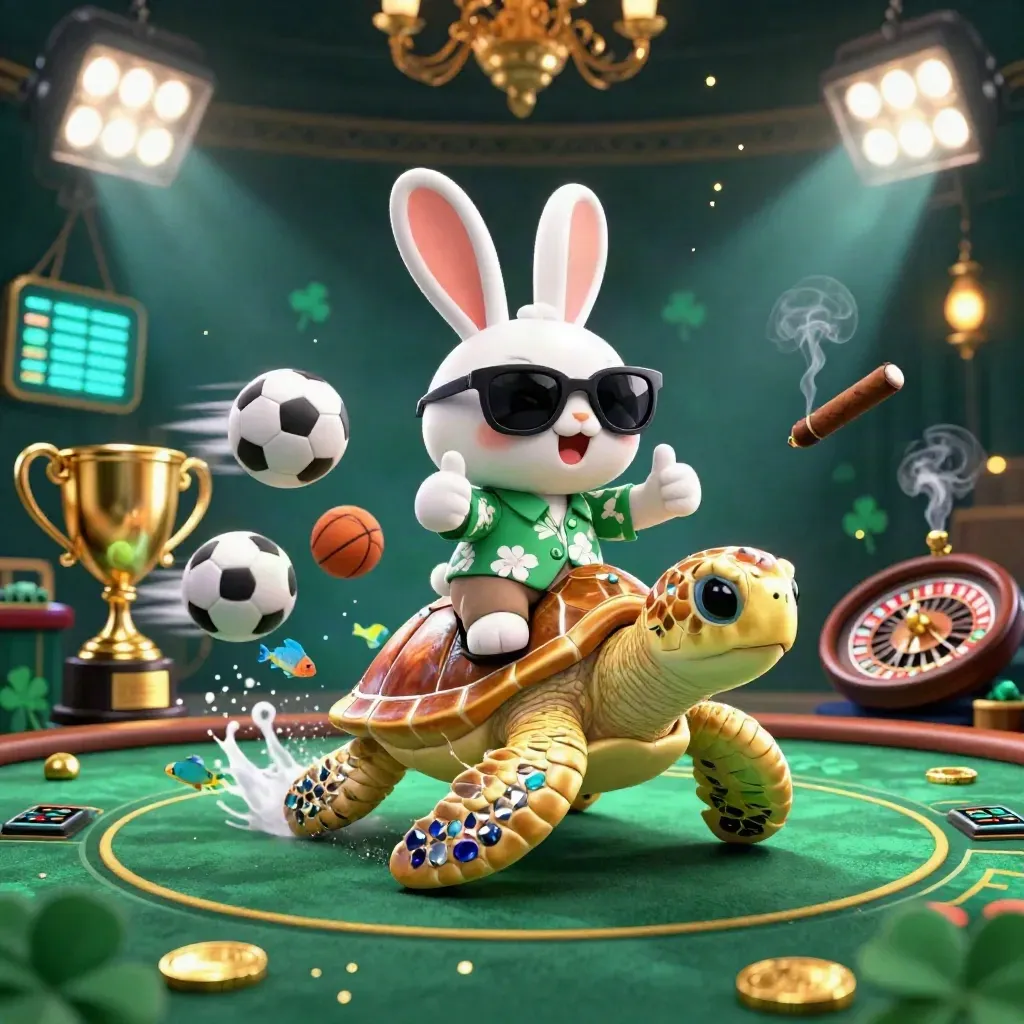 Lucky rabbit on a gold turtle in a neon casino room with sports props and luxury glow