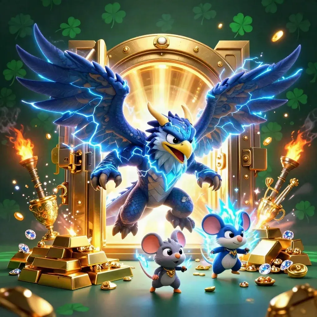 Thunder dragon, wind hawk, and static mouse burst from a gold vault with gems in neon teal light.
