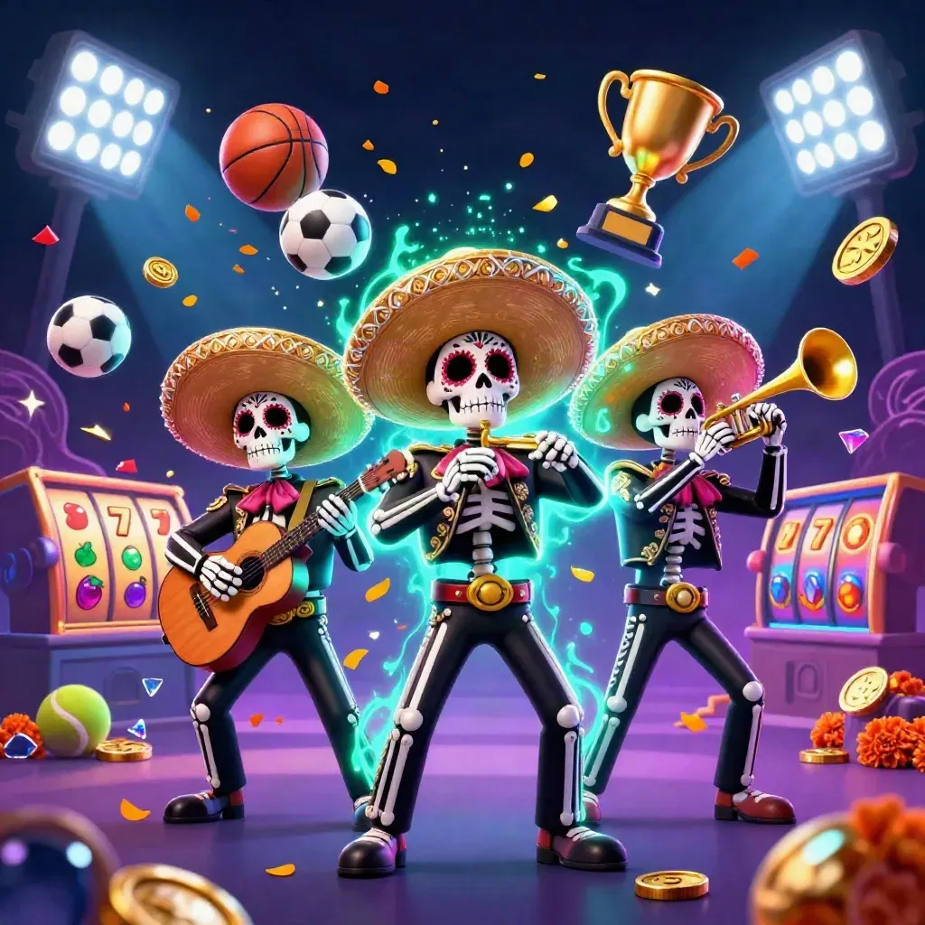 Skeleton mariachi trio amid casino sports chaos, teal magic, trophy, coins, fireworks.