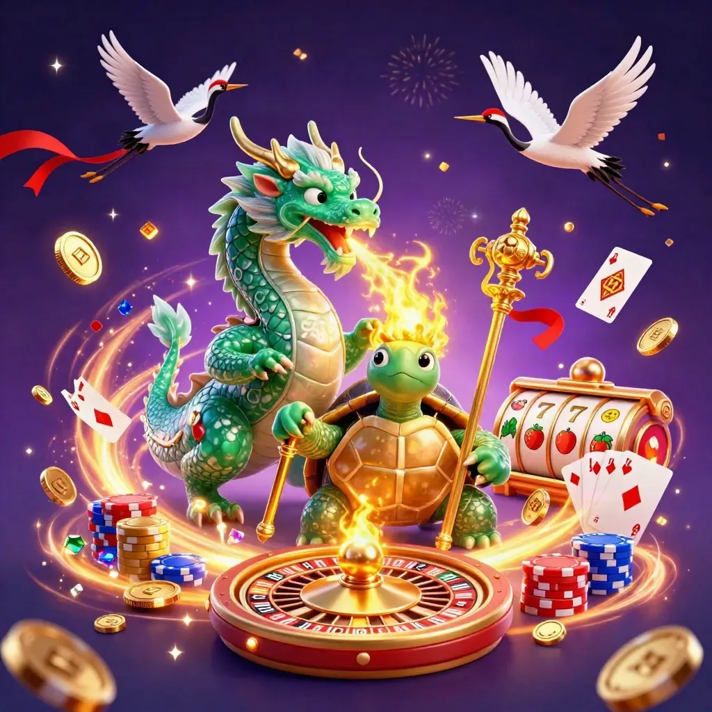 Jade dragon, turtle sage, and cranes amid casino riches, magic, coins, and glowing effects