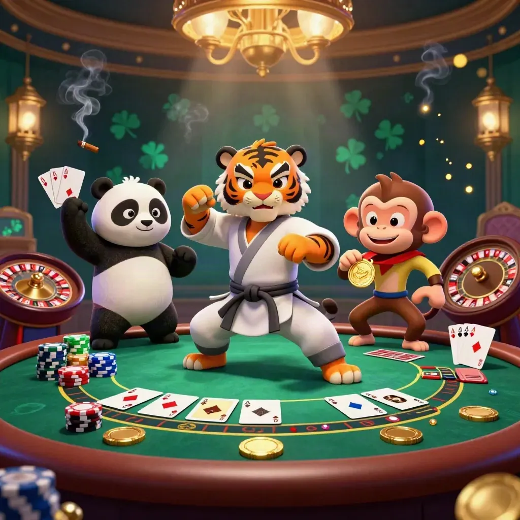 Kung-fu tiger, panda, and monkey in a neon casino with cards, chips, and a spinning roulette wheel.