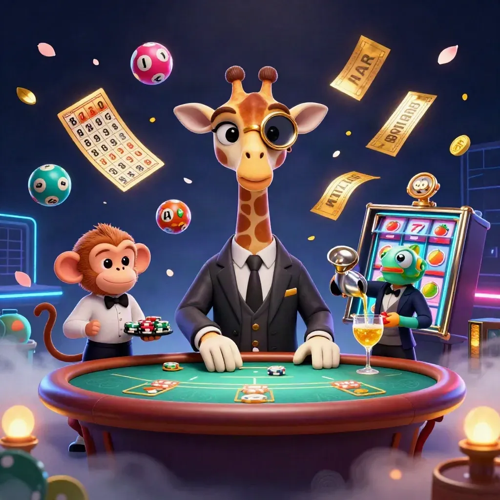 Giraffe high roller, monkey valet, and chameleon bartender amid casino treasures and neon motion.