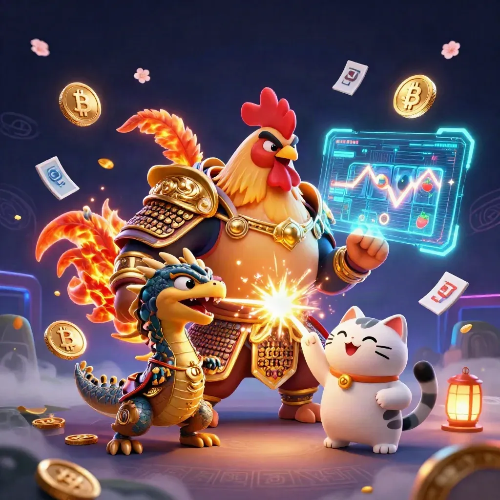 Rooster warrior, dragon hatchling and fortune-cat amid coins, lightning and treasure in neon glam.