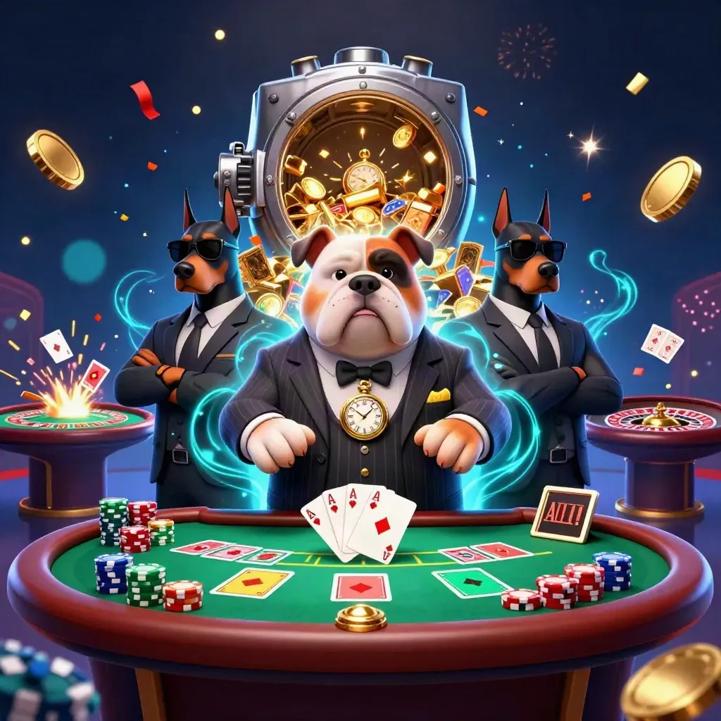 Bulldog boss and Doberman guards amid casino cards, chips, roulette wheel and fireworks.