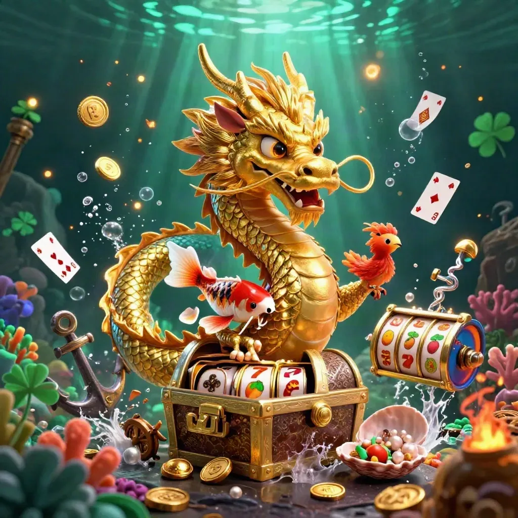 Golden dragon, red phoenix and koi amid treasure, coral, coins and casino relics in neon teal.