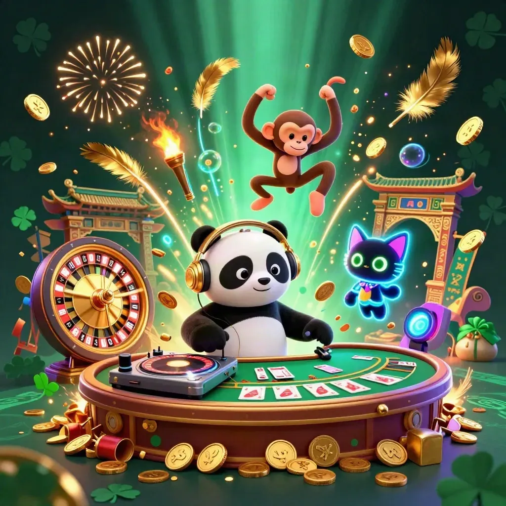 DJ panda, monkey, and glow-kitten celebrate amid coins, fireworks, and casino treasure.