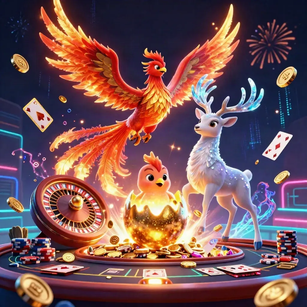 Phoenix, hatchling and crystal stag amid coins, gems, roulette, chips and neon casino fireworks.