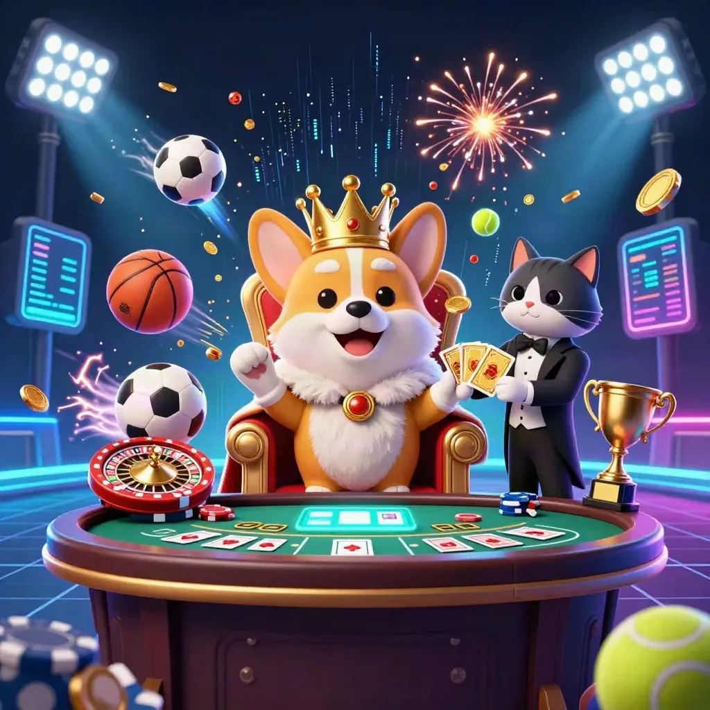 Royal corgi on poker-chip throne with cat butler, casino coins, sports balls, and neon jackpot energy.