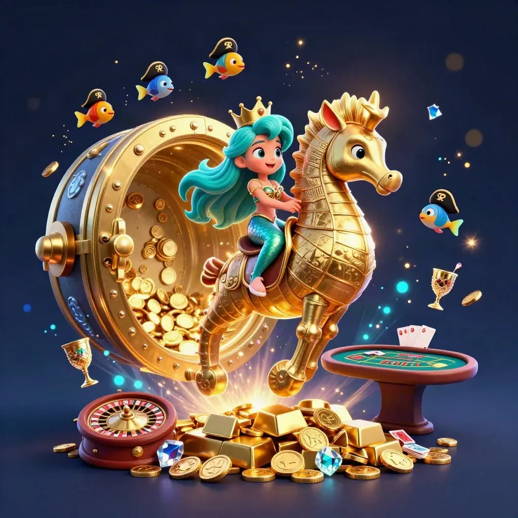 Mermaid princess on a golden seahorse amid vault gold, casino cards, coins, and fireworks.