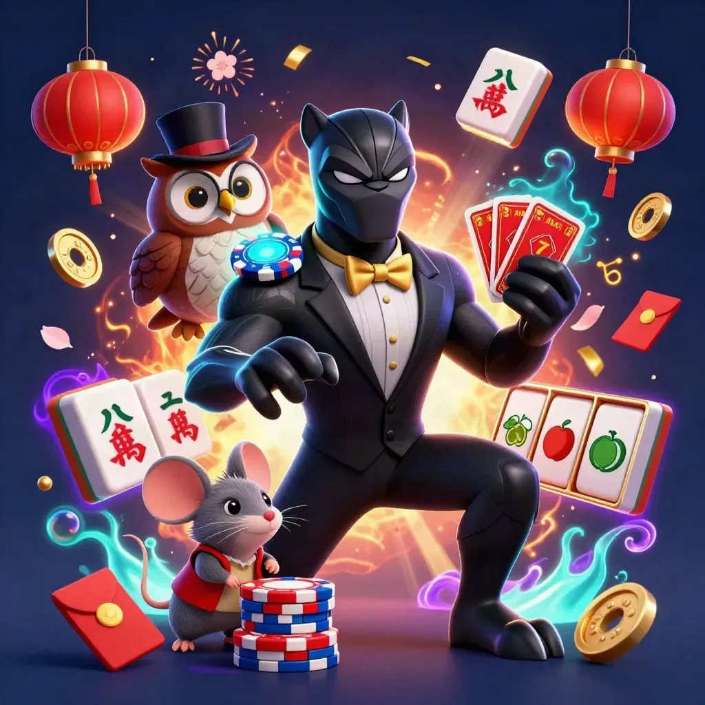 Panther, owl, and mouse in casino glam with chips, reels, lanterns, coins, and glowing embers
