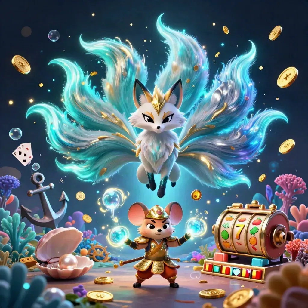 Nine-tailed fox spirit and samurai mouse amid treasure cove casino glow, teal and gold, dark and cinematic