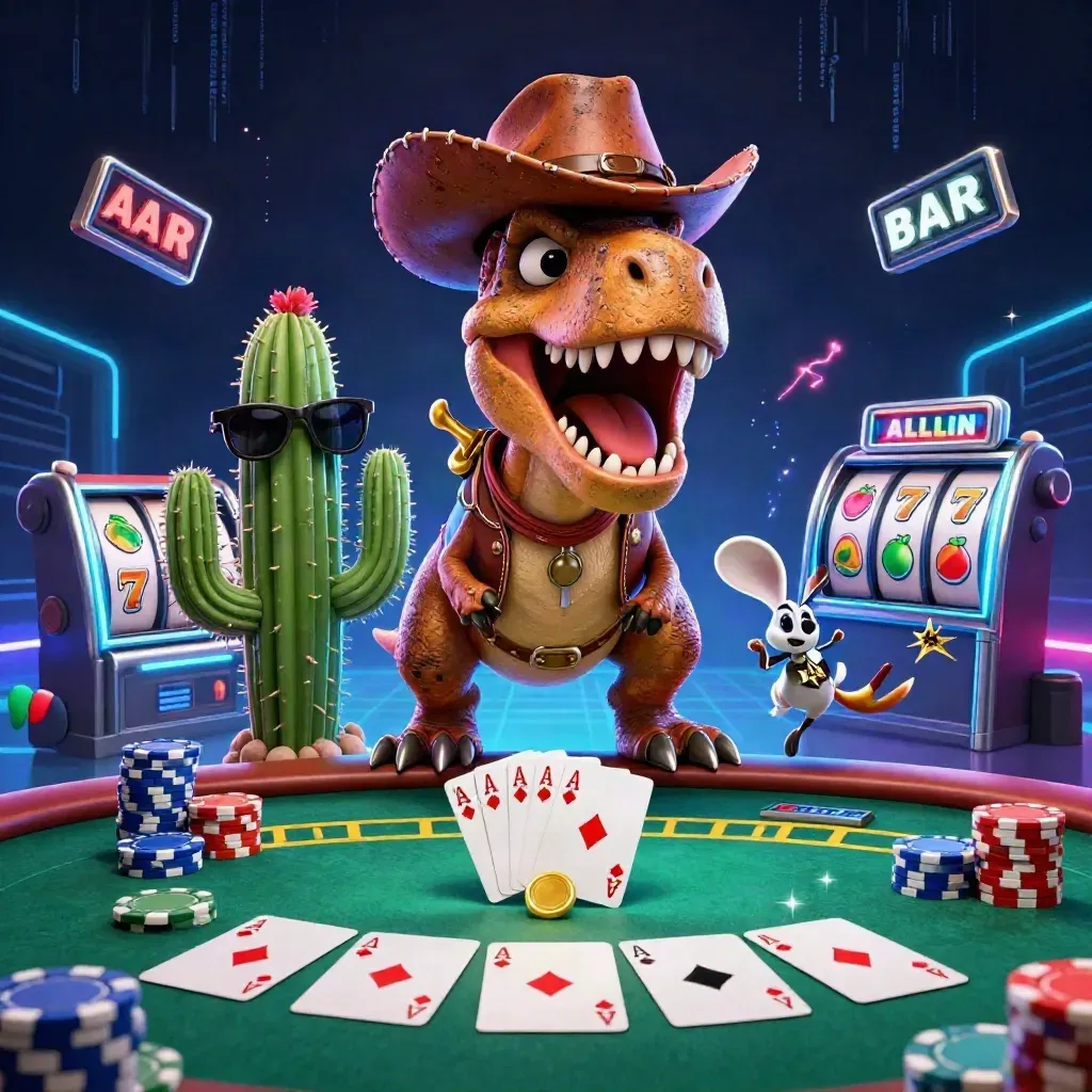 Cowboy T-Rex, cactus sidekick, and roadrunner over neon poker chaos and casino reels.