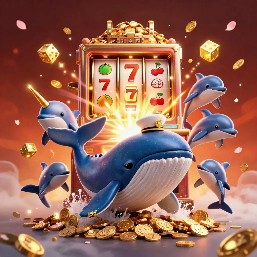 Captain whale, narwhal, and dolphins amid coins, slot symbols, gold, teal glow, cinematic casino splash art