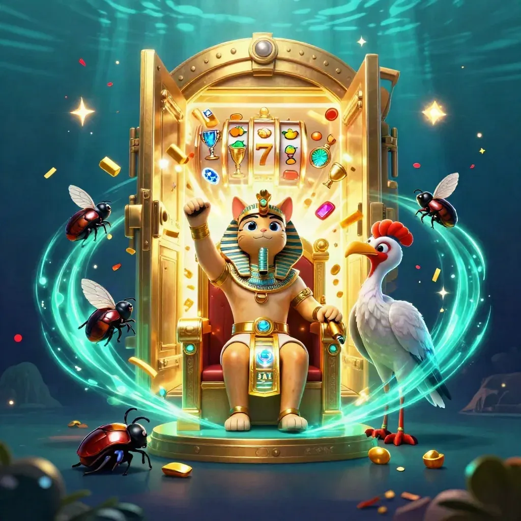 Pharaoh cat, ibis scribe, and scarabs burst from a glowing vault amid gold, gems, and teal magic.
