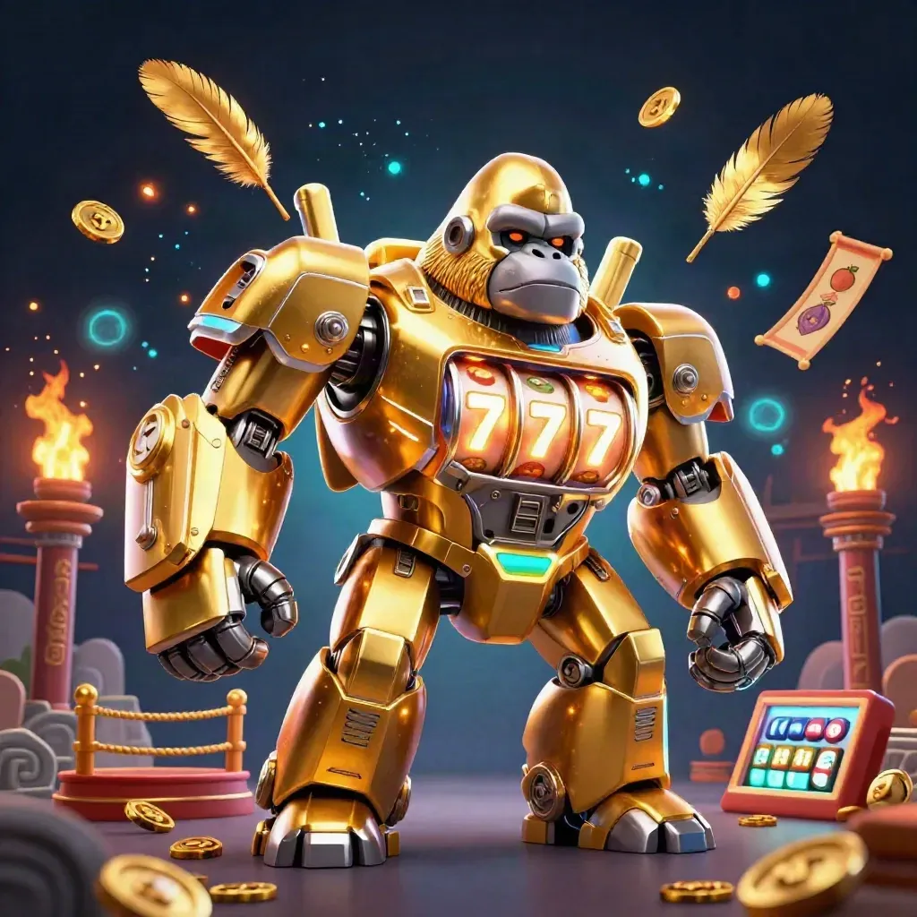Golden gorilla mech with monkey pilot amid casino relics, coins, torchlight, and blue bokeh