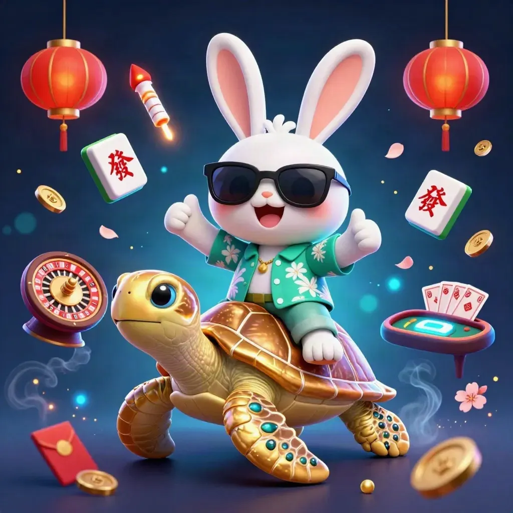 Lucky rabbit on a gold turtle amid casino charms, cards, lanterns and neon sparks.