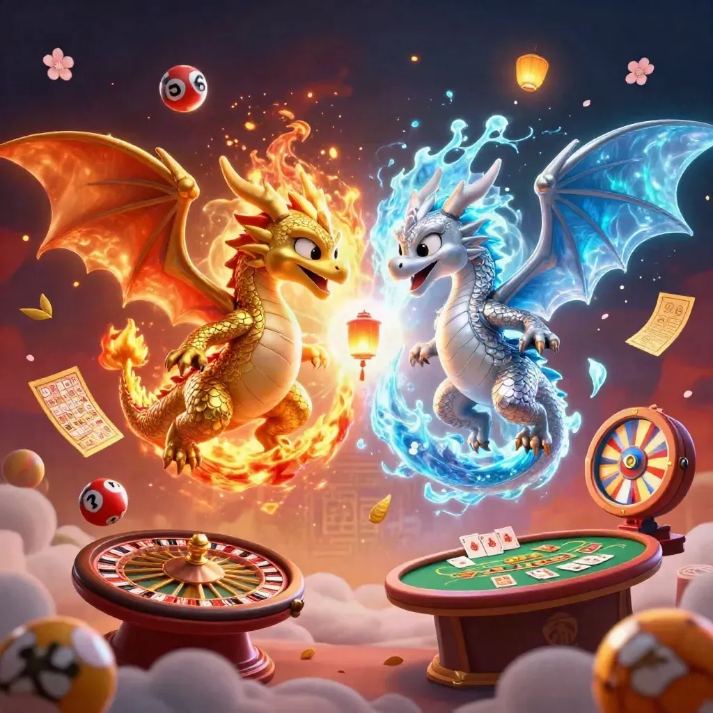 Gold and silver dragons swirl in fire and ice around casino tokens and a tiny lantern spirit.
