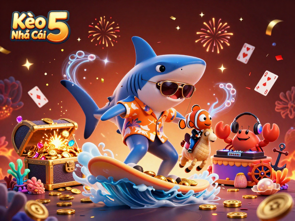 Kèo Nhà Cái 5 showcases a vibrant casino underwater scene with characters surfing gold coins.
