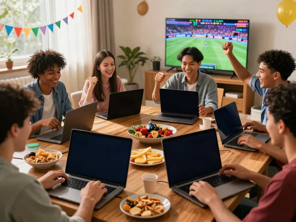 Friends celebrating their wins at online Ufa betting games in a lively living room setting.