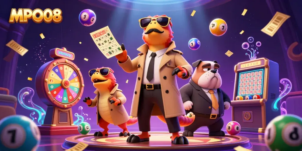 MPO08 raptors humorously trying to access a VIP casino lounge, showcasing vibrant gambling elements.