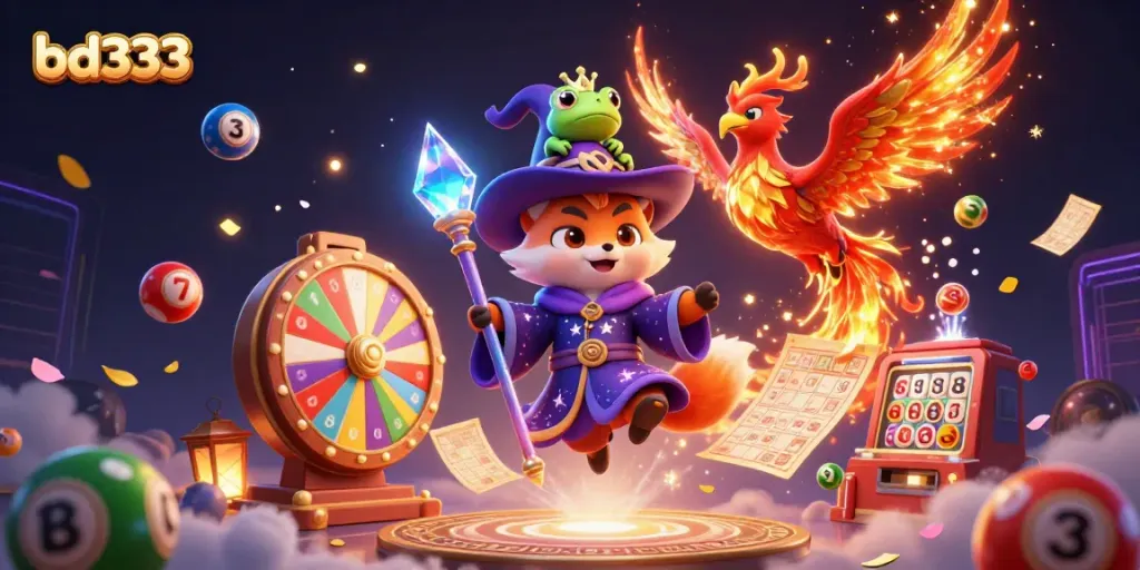 Join the excitement with bd333's magical gaming scene featuring a wizard, phoenix, and lottery elements.