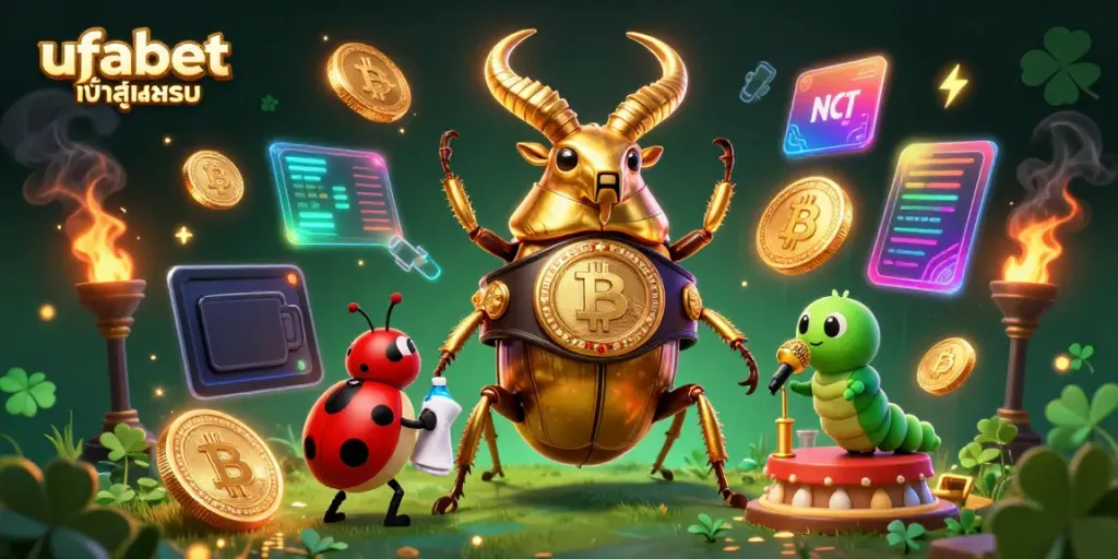 Bet on ufabet เข้าสู่ระบบ with a dynamic scene featuring a golden stag beetle boxing champion amidst crypto coins and interactive elements.