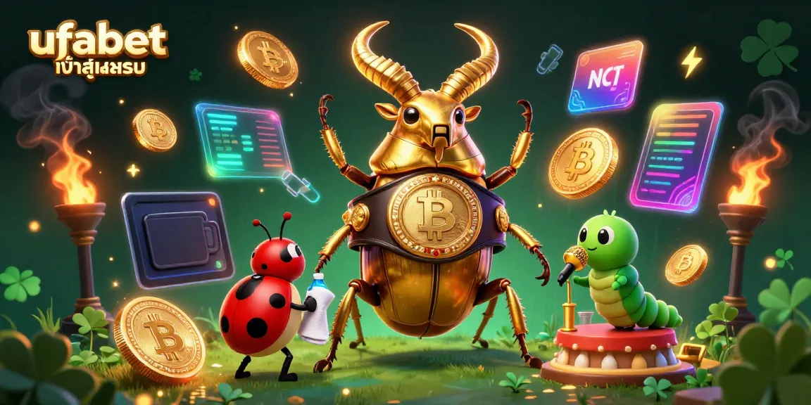 Bet on ufabet เข้าสู่ระบบ with a dynamic scene featuring a golden stag beetle boxing champion amidst crypto coins and interactive elements.