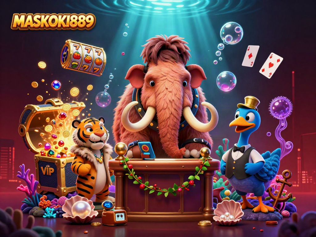 Engage with the vibrant casino scene of MASKOKI889 featuring dynamic characters and slot theme elements.
